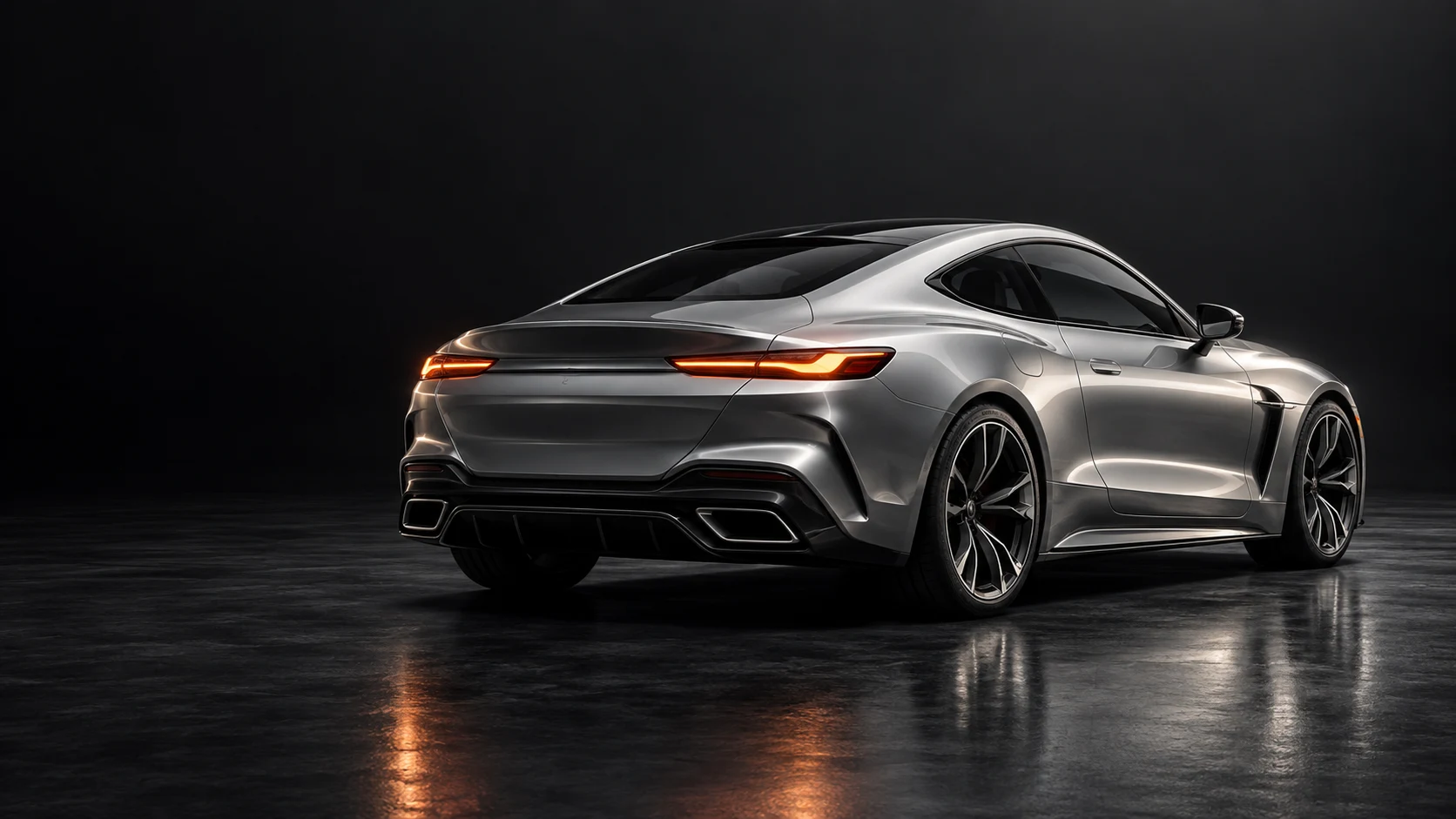 Silver performance coupe in a dark studio — original 3D concept artwork